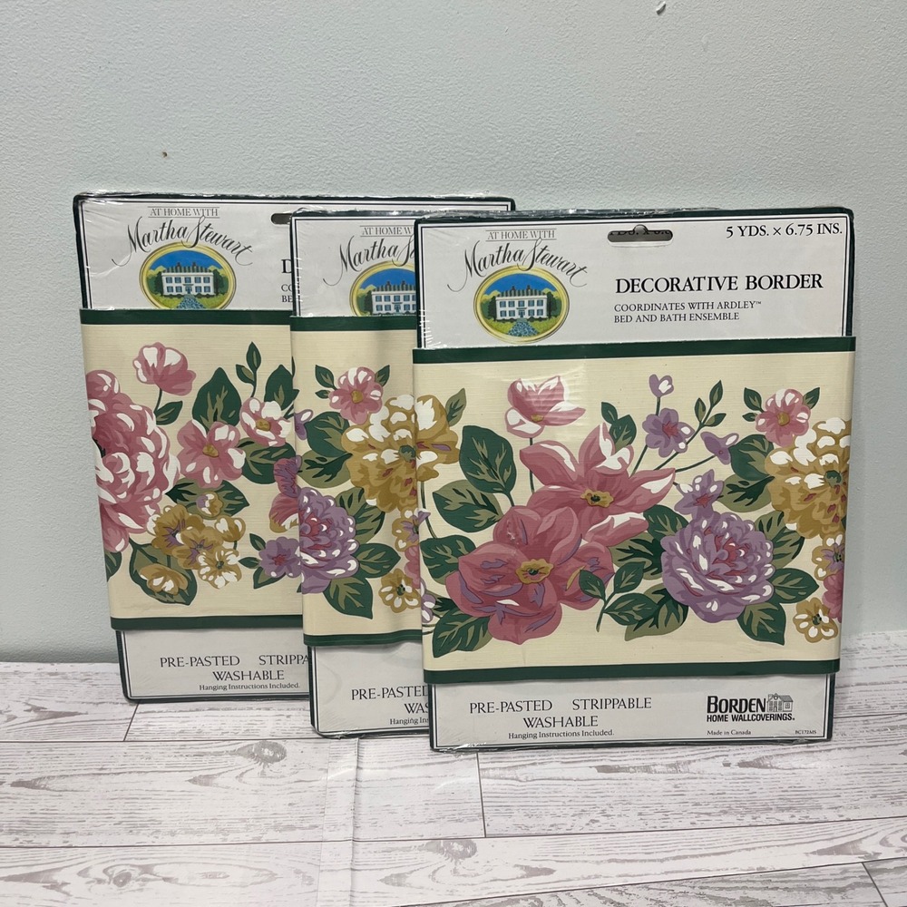 Martha Stewart Floral Wallpaper Border 3 Rolls Ardley Pink Purple Gold 15yd NEW
